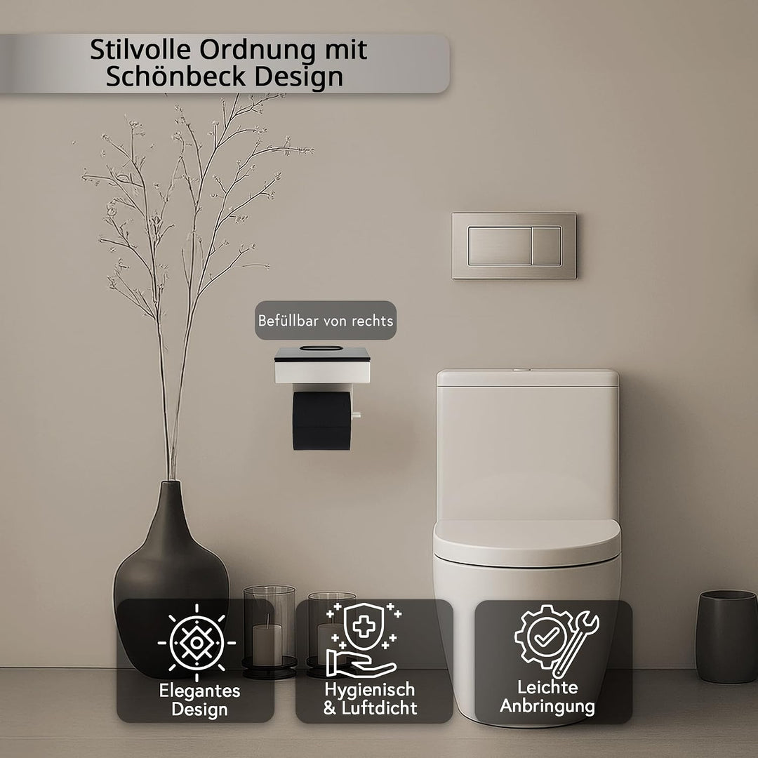 Toilettenpapierhalter mit Feuchttücherbox - Gehäuse Matt &amp; Abdeckung Glas Schwarz - befüllbar von Re