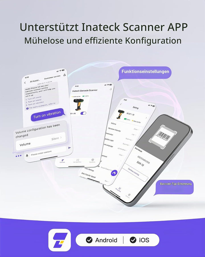 Inateck Barcode Scanner Bluetooth, 1D 2D QR Code Scanner Kabellos, Industrieller IP67 Wasser- und St