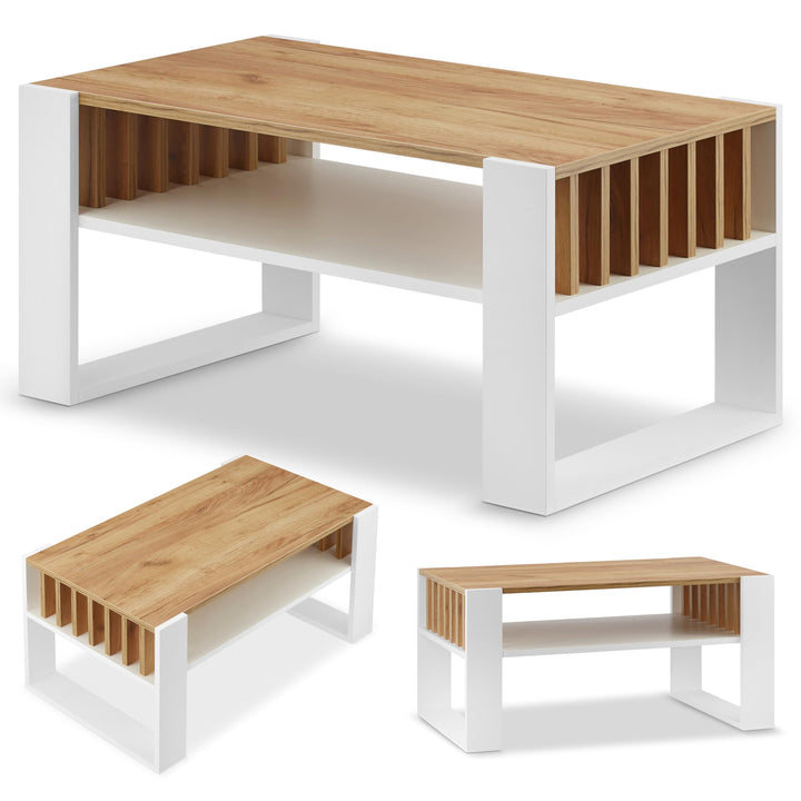 defiPad Couchtisch Eiche Weiss im Lamellendesign mit Stauraum, 92x50 cm Weiss + Eiche, Weiss + Eiche