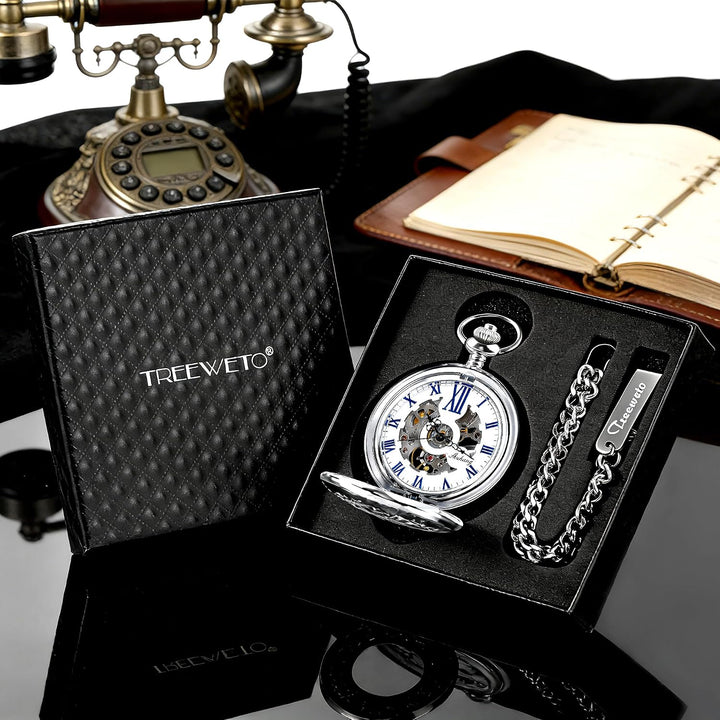 TREEWETO Unisex Taschenuhr mit Kette Analog Handaufzug Skelett Lupe Halber Jäger Silber
