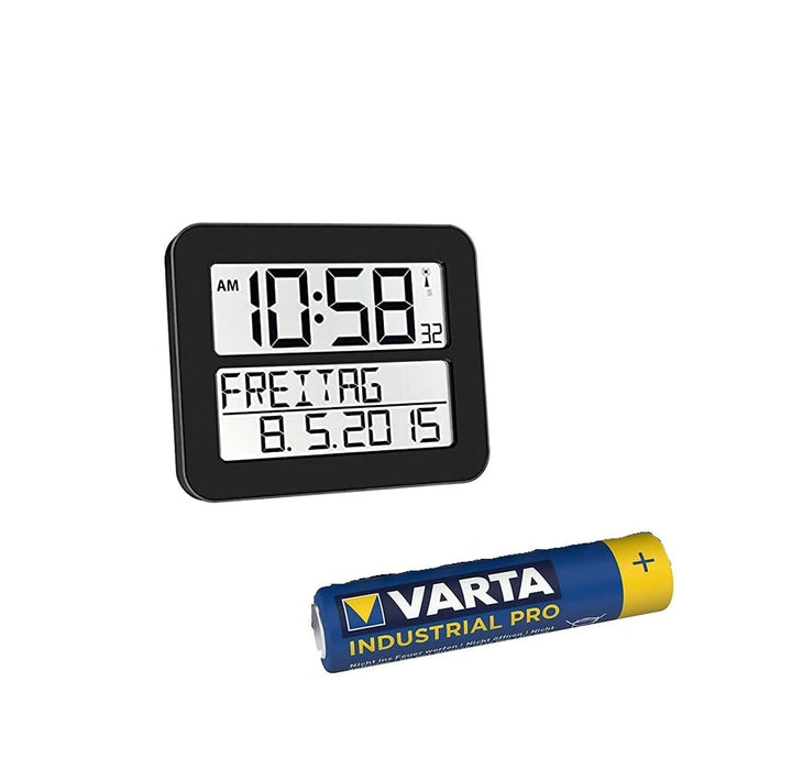 TFA Dostmann Timeline Max Digitale Funkuhr, Kunststoff (schwarz mit Batterien), Schwarz