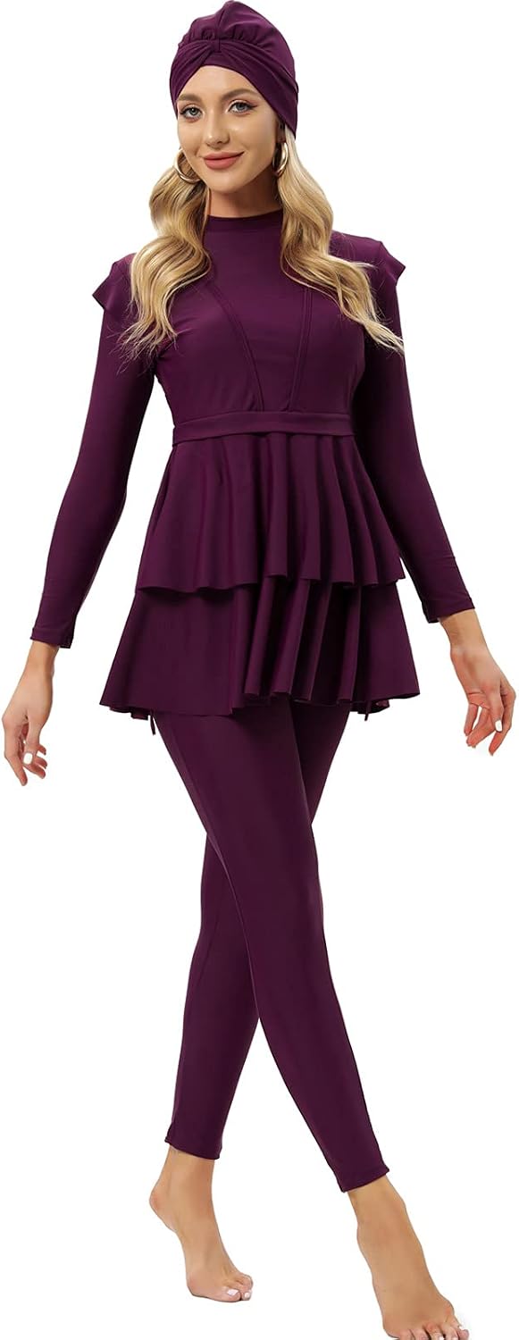 seafanny Damen Modest Badeanzug Langarm Burkini Full Cover Muslim Badeanzug 46 Wein Rot, 46 Wein Rot