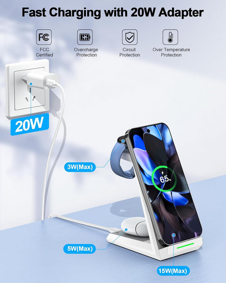 NANAMI induktive Ladestation für Google Pixel Watch 3/2/Fitbit Versa 4/3, 3 in 1 Wireless Charger fü