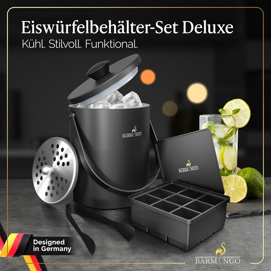 Edelstahl Eiswürfelbehälter mit Deckel - 2l Eiskübel/Eisbehälter für Eiswürfel mit Sieb, Eiswürfelfo