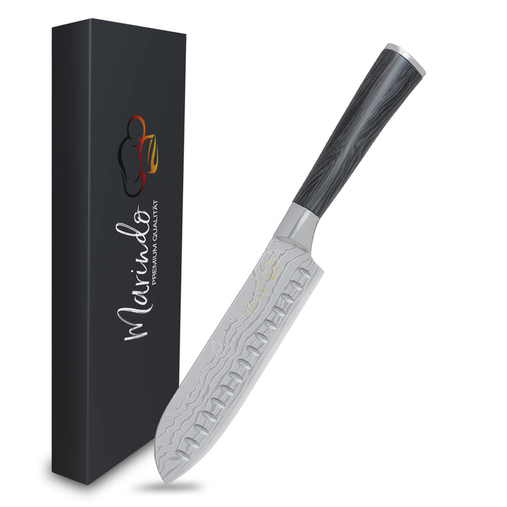 Marindo® Santoku Messer Edelstahl 17,8 cm Klinge | japanisches Küchenmesser mit Damastmesser Optik &amp;