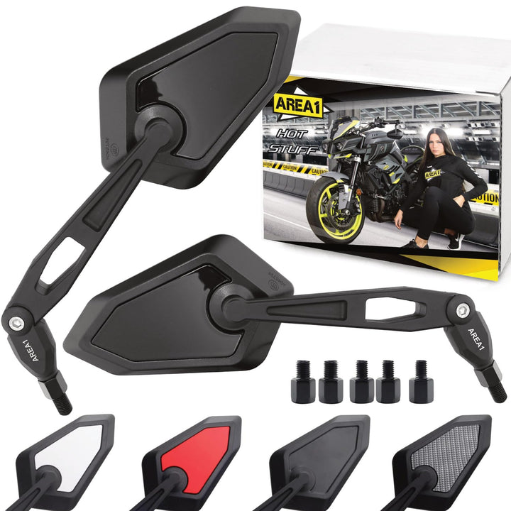 Area1 Universal Motorrad Rückspiegel Paar e-geprüft 2x M10 Rechtsgewinde + Linksgewindeadapter, pass