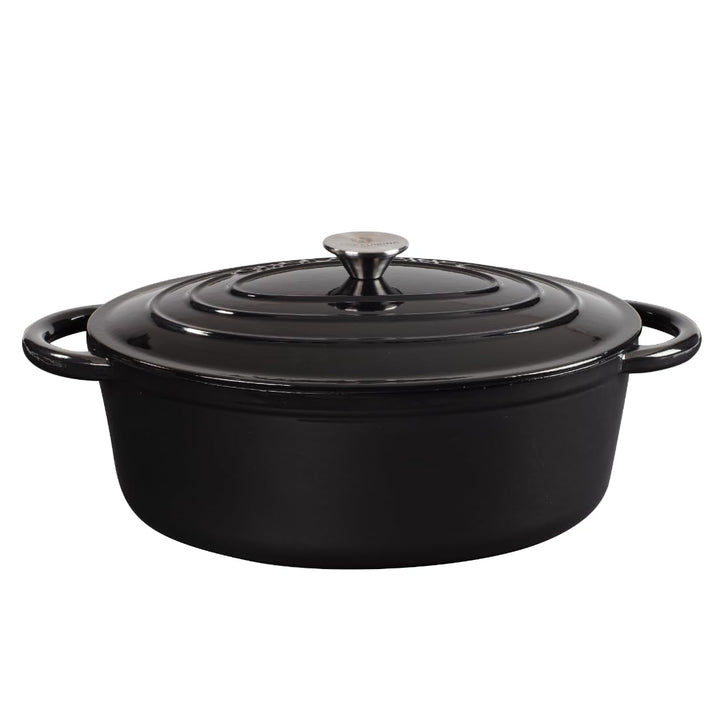 CHEF CUISINE Bräter Gusseisen mit Deckel, Oval gross 6,7 L, Induktion, Schwarz, hitzebeständig bis 3