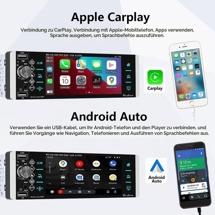 Podofo Autoradio 1 Din mit Apple CarPlay, Bluetooth, Android Auto, 5,1 Zoll IPS-Display Autoradio Un
