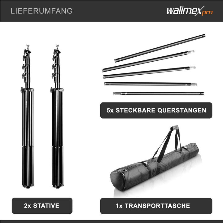 Walimex pro Hintergrundsystem XXL 190-465cm - extrem stabiles &amp; grosses Profi Hintergrund-Set für St