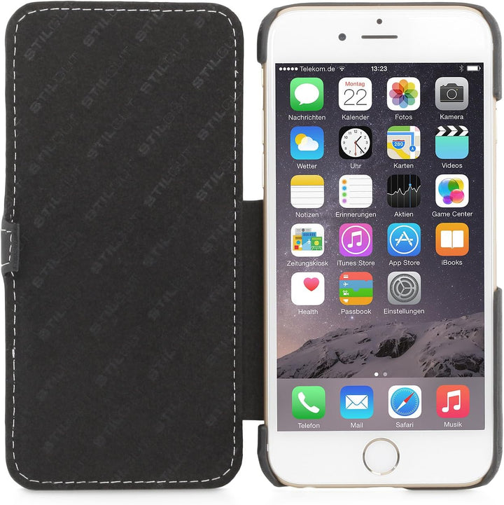 STILGUT Leder-Hülle kompatibel mit iPhone 6 Book Type mit Standfunktion, schwarz Nappa, Schwarz Napp