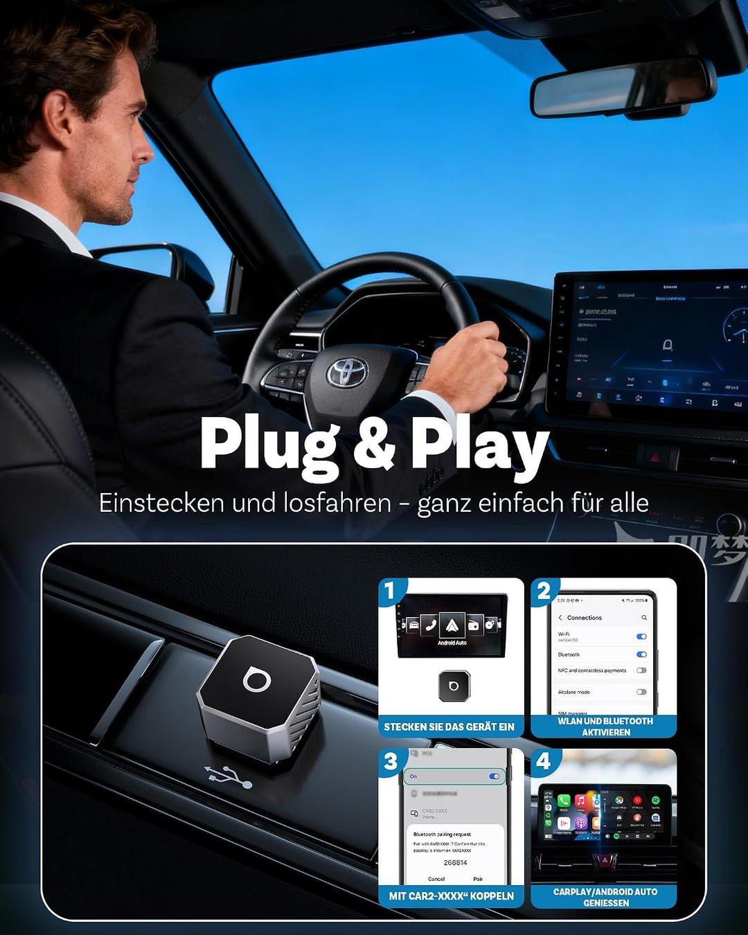 2026 Upgrade Ottocast Mini Pot, Wireless CarPlay &amp; Android Auto Adapter, Plug &amp; Play, WLAN 2.4G+5G,