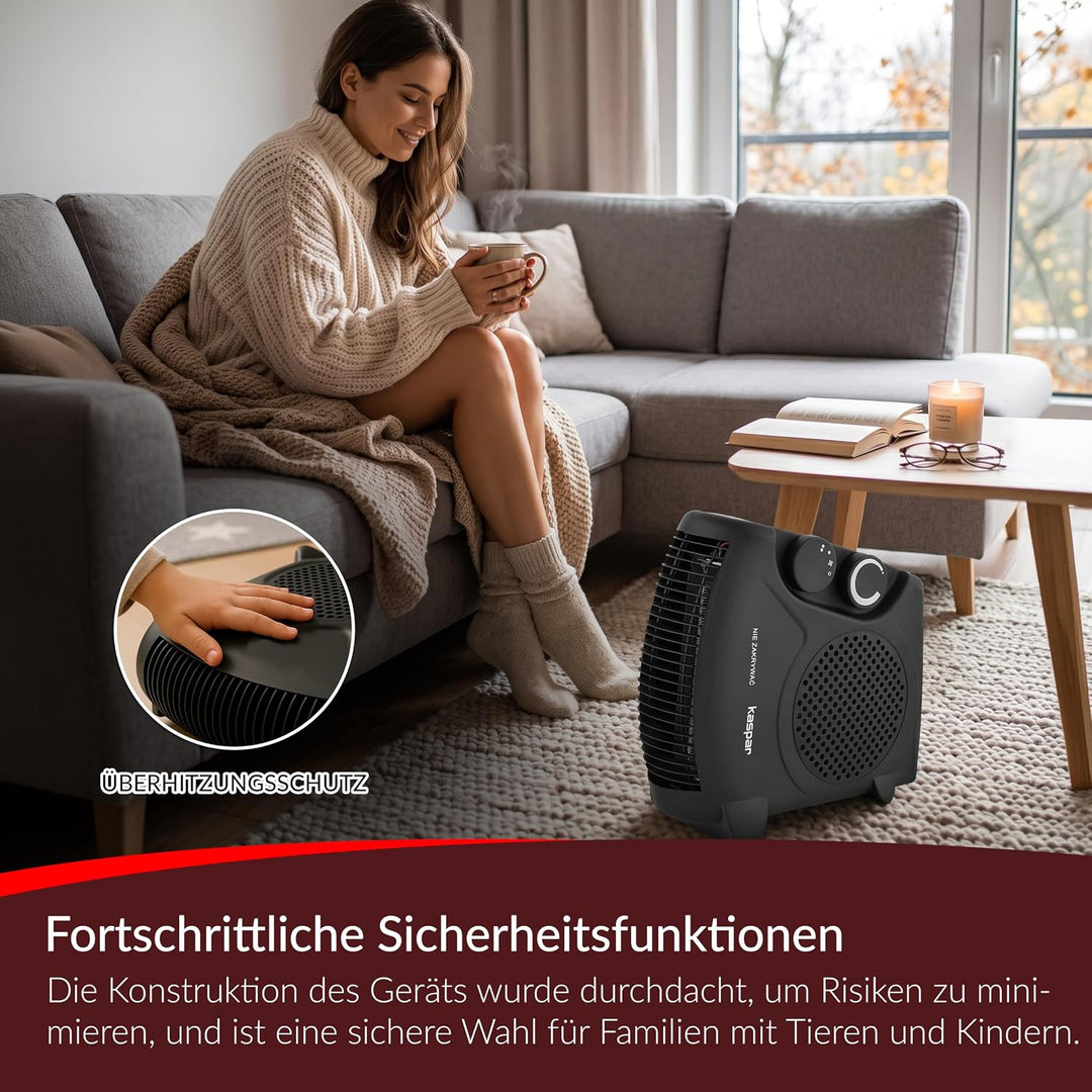 KASPAR Heizlüfter Klein Kompakt Thermoventilator Elektroheizer 1000 W 2000 W Mit Ventilatorfunktion