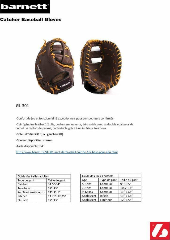 BARNETT GL-301 Baseball Handschuh Erster Base (First Base) Erwachsene, Echtleder, Wettkampf, Schwarz