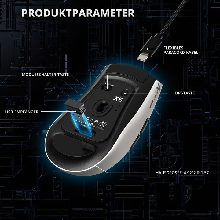 ATTACK SHARK X5 Ultra-leichte kabellose Gaming-Mäuse 49g,Tri-Mode Kabelgebunden/2.4G/BT5.0,PAW3312 P