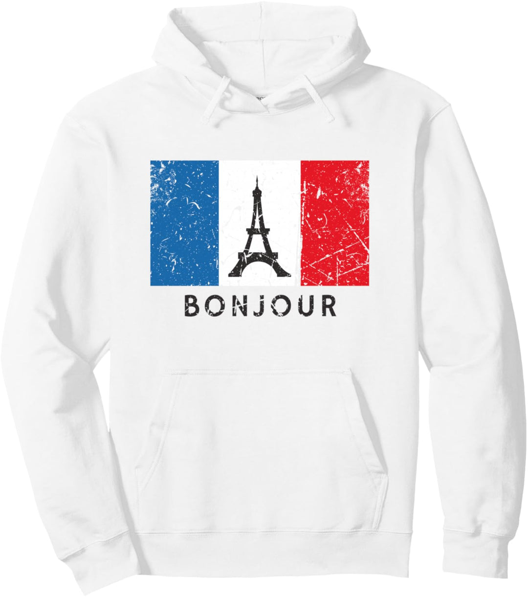 Vintage Paris Französisch Flagge Eiffelturm, Bonjour Pullover Hoodie