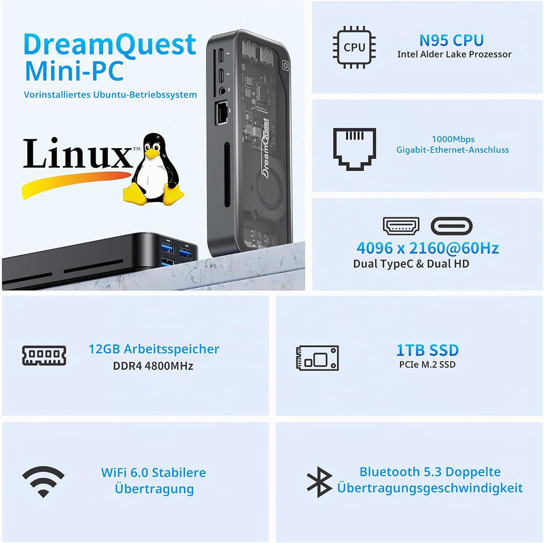 DreamQuest Mini PC Stick 12GB DDR5 1TB M.2 SSD Intel N95 (bis zu 3.4Ghz) Mini Computer mit Linux vor