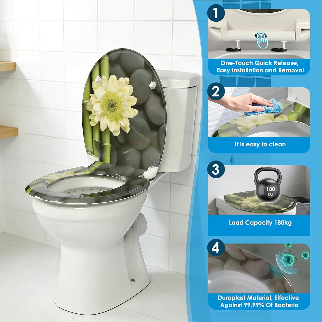 Duroplast-Toilettensitz, O-förmiger Toilettendeckel mit Soft-Close-Mechanismus, Edelstahlscharnier,