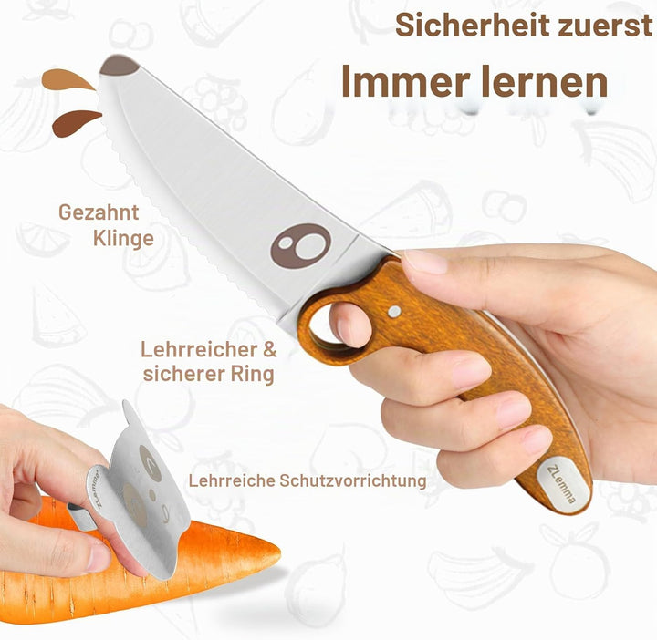 Kindermesserset für echtes Kochen mit pädagogischem Ring und gezackter Klinge und Panda-Fingerschutz