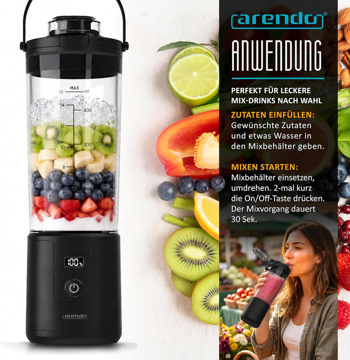 Arendo - Smoothie Maker to Go - Eiweiss Shaker elektrisch 450ml – Protein Shaker mit Akku - BPA frei