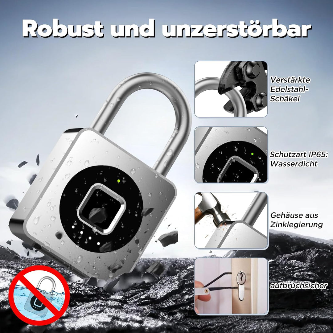 Smart Fingerabdruck Vorhängeschloss für Spinde, mit Bluetooth-App, IP65 wasserdicht, schlüsselloses