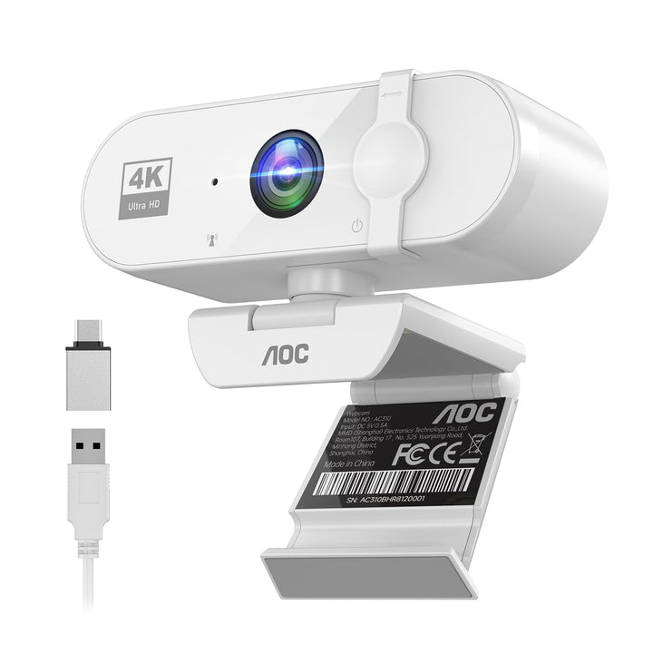 AOC 4K Webcam mit Mikrofon, Autofokus, Automatische Lichtkorrektur, 99° Ansicht, Objektivabdeckung,