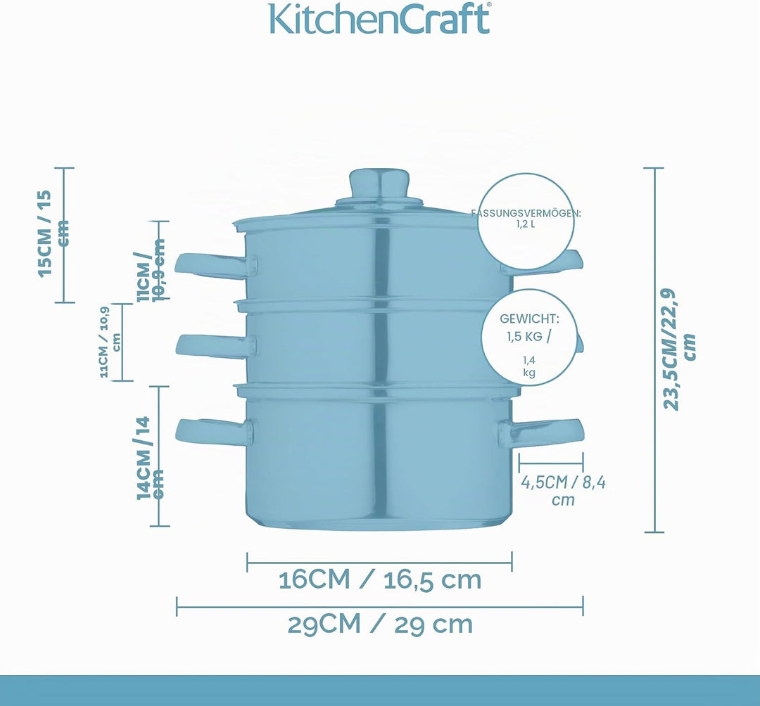 KitchenCraft Multifunktioneller Kochtopf Set, Dampfgarer/Suppentopf mit 3 Töpfen und Deckel, Indukti