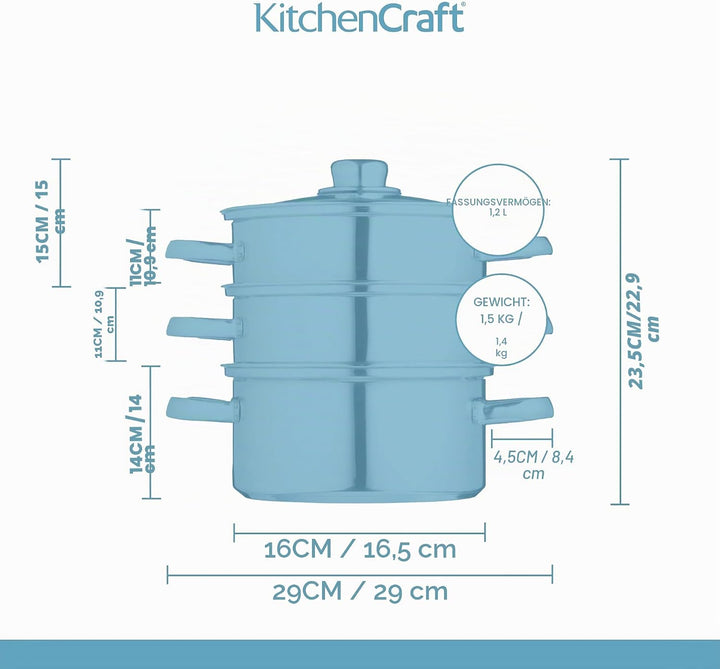 KitchenCraft Multifunktioneller Kochtopf Set, Dampfgarer/Suppentopf mit 3 Töpfen und Deckel, Indukti