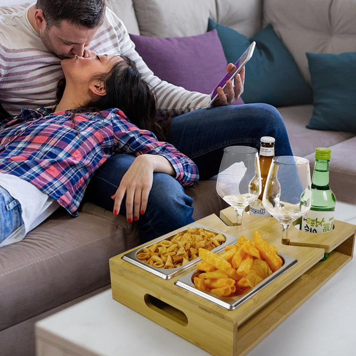 Couch Bar Holz, Couchbar Snackbox Weinglashalter, Rechteckig, Couch Butler mit Edelstahl-Snackschale