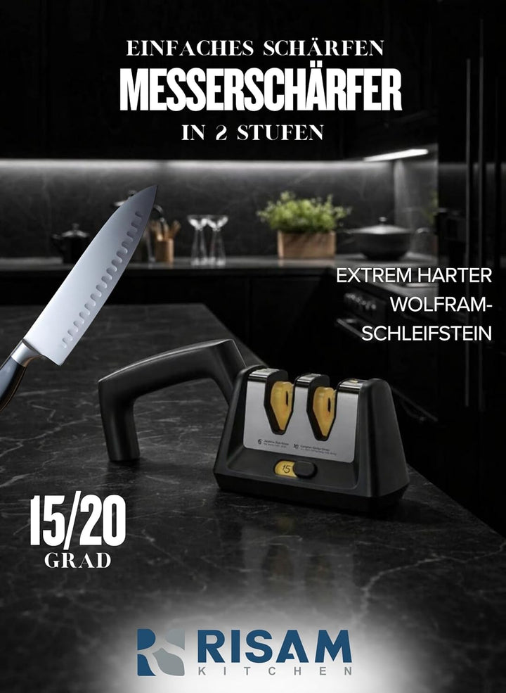 Messerschärfer – 2-stufiges Schleifsystem mit Diamant- &amp; Wolframeinsätzen – Rutschfester Standfuss –