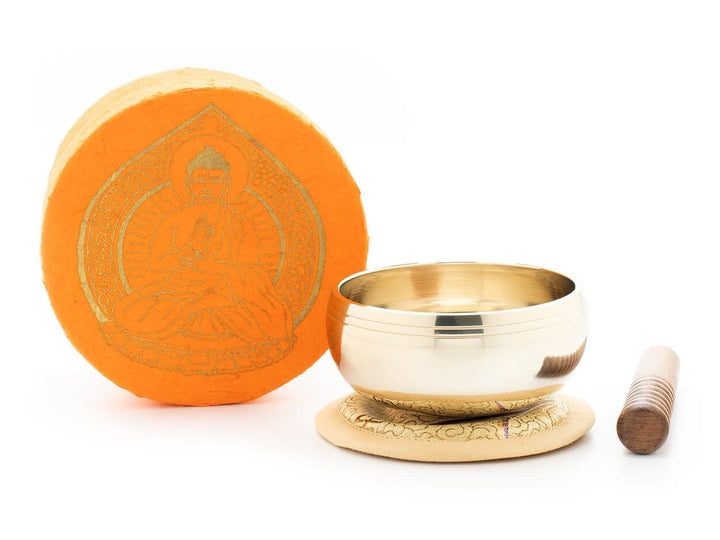 Kleine hochglanz Klangschale in orangefarbiger Box mit Buddha-Aufdruck: Angenehm hell klingende Klan