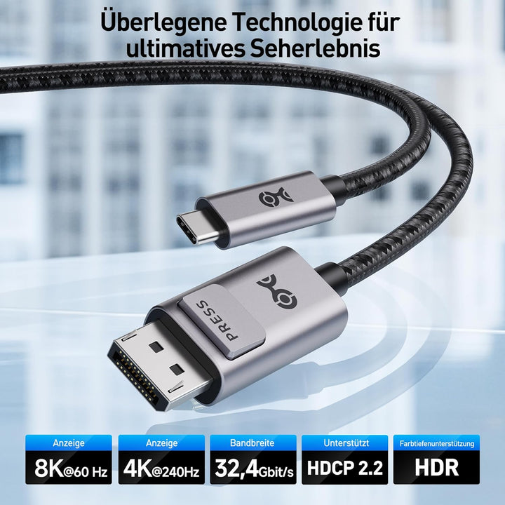 Cable Matters Premium Braided USB C DisplayPort Kabel 8K 60Hz 1,8m (USB C auf DisplayPort Kabel, USB