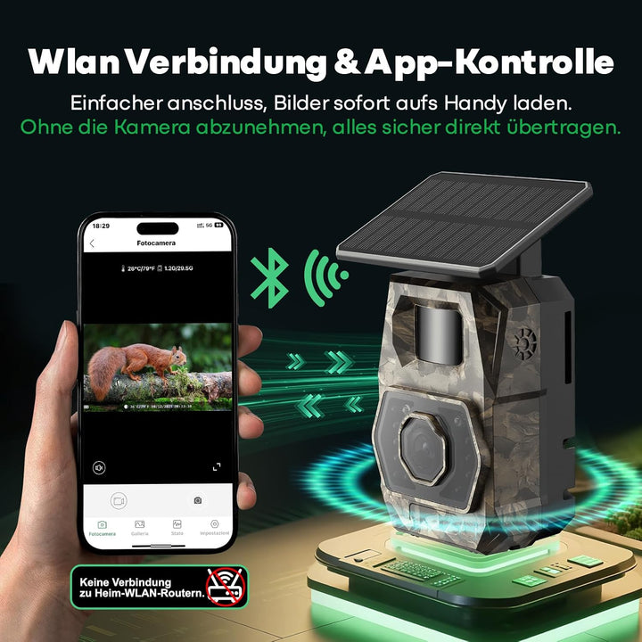 MAXDONE Wildkamera mit Handyübertragung App - Wildtierkamera 4K 64MP WLAN Solar Wildkamera mit 6000m