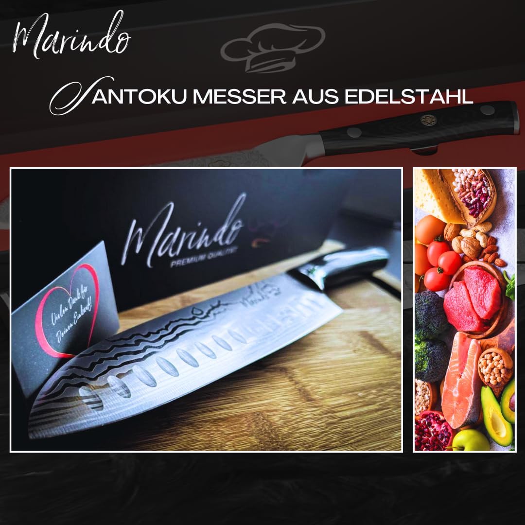 Marindo® Santoku Messer Edelstahl 17,8 cm Klinge | japanisches Küchenmesser mit Damastmesser Optik &amp;