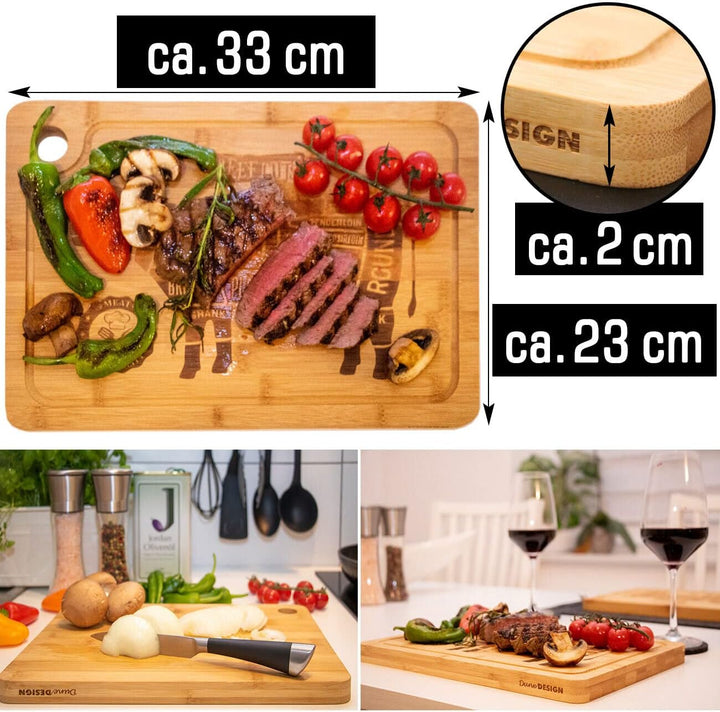 DuneDesign Steakteller Bambus 2er Set - massive Holz Servierplatten 33x23 cm, 2 cm dick - hochwertig