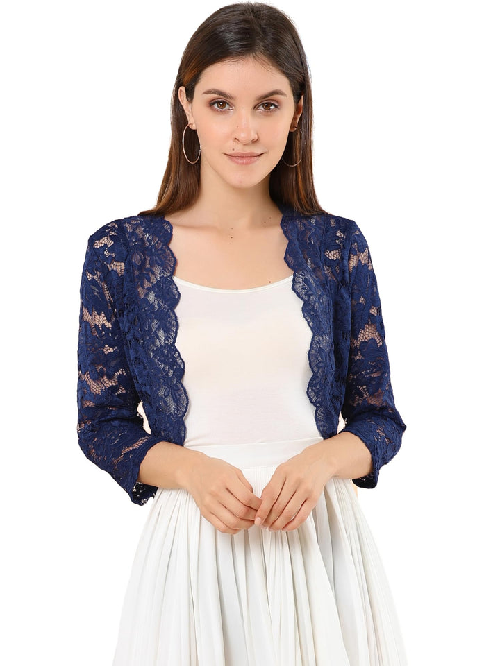 Allegra K Elegantes Damen-Oberteil mit 3/4-Ärmeln, durchscheinend, florales Spitzenoberteil L Navy,