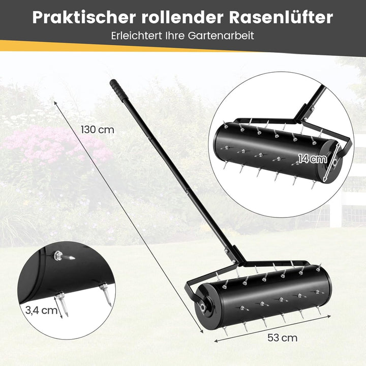 GOPLUS Rasenbelüfter, Handvertikutierer mit Stiel &amp; 3,4cm Nägeln, rollender Aerifizierer, manueller