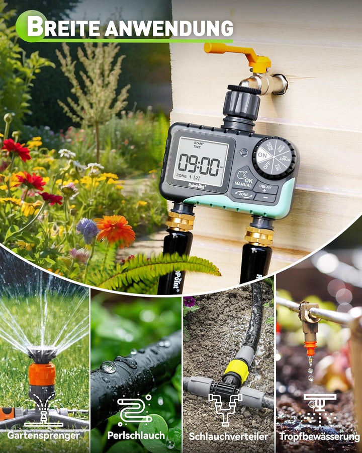 RAINPOINT Bewässerungscomputer 2 Ausgänge, IP65 Wasserdicht Wasser Zeitschaltuhr mit Regenverzögerun