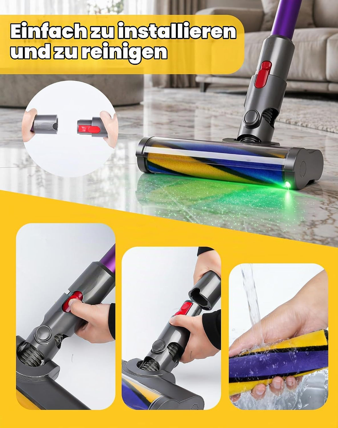Bürste für Dyson V7 V8 V10 V11 V15 Bodendüse mit LED-Licht und Bürsten-Softwalze für Hartboden Ersat