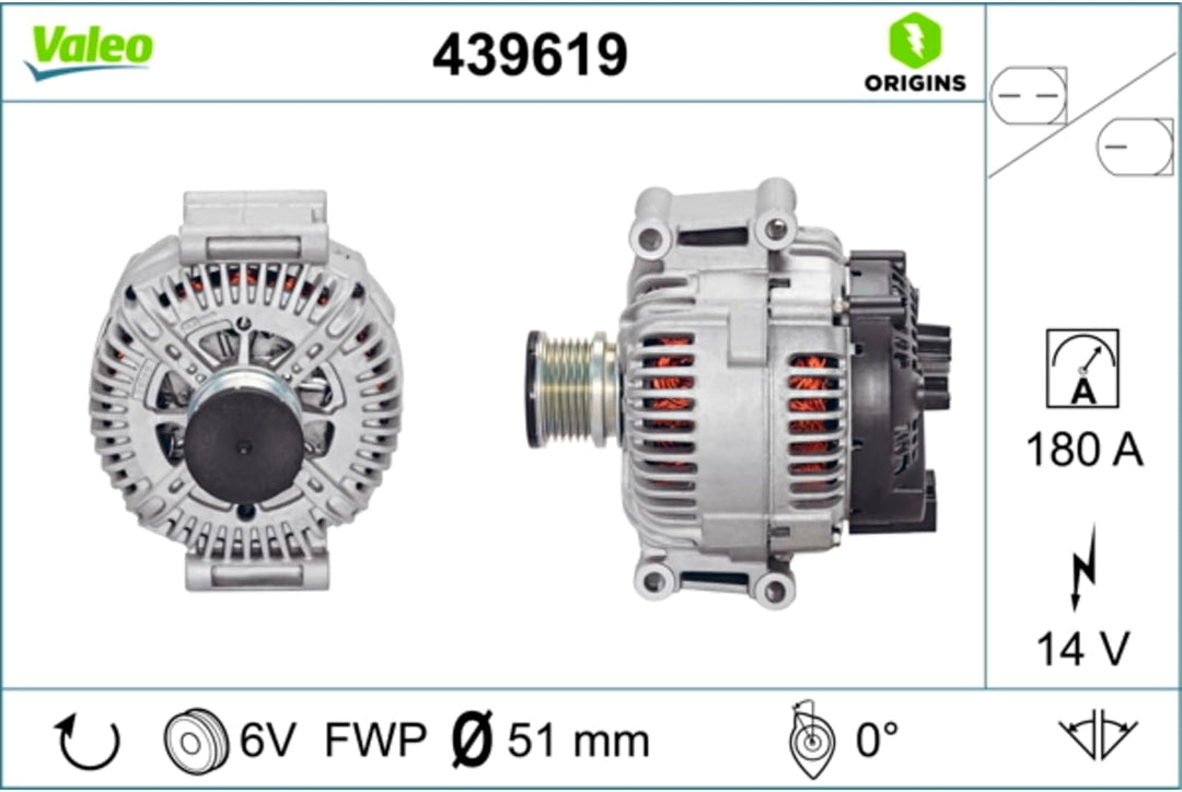 VALEO 439619 Generator Ladestrom des Generators: 180 Amp Rippen: 6 rippen Riemenscheibe Ø: 51 mm Spa