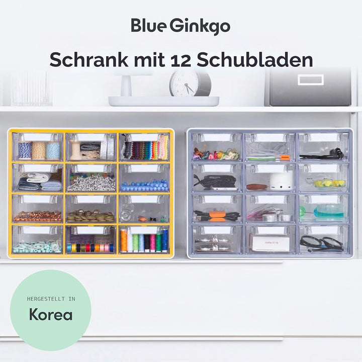 BLUE GINKGO Grosser Aufbewahrungsschrank mit 12 Schubladen – stapelbare Perlen- und Bastelaufbewahru