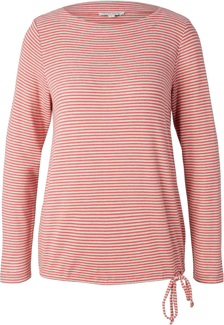TOM TAILOR Damen Basic Langarmshirt mit Kordelzug XS 31475 - Pink Beige Stripe, XS 31475 - Pink Beig
