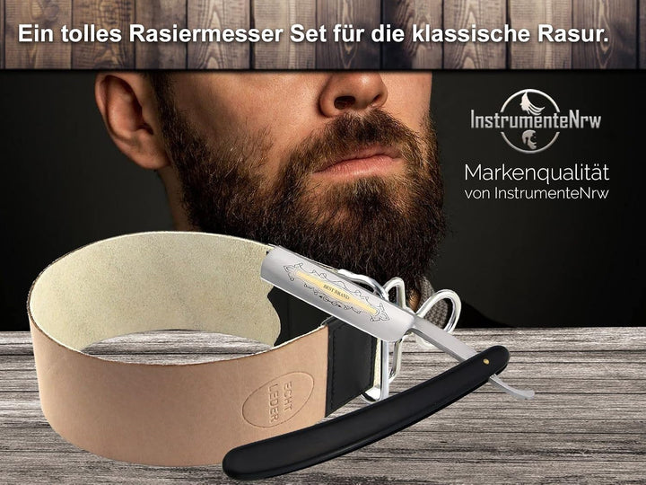 InstrumenteNrw Streichriemen mit Rasiermesser als Bartmesser Set - 2-Teilig - Klinge mit Goldätzung