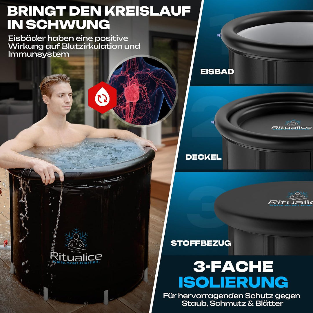 Ritualice® Eisbad (80 cm Ø) XL Komplettset - TESTSIEGER - Eistonne Set mit Deckel, Stoffbezug und XL