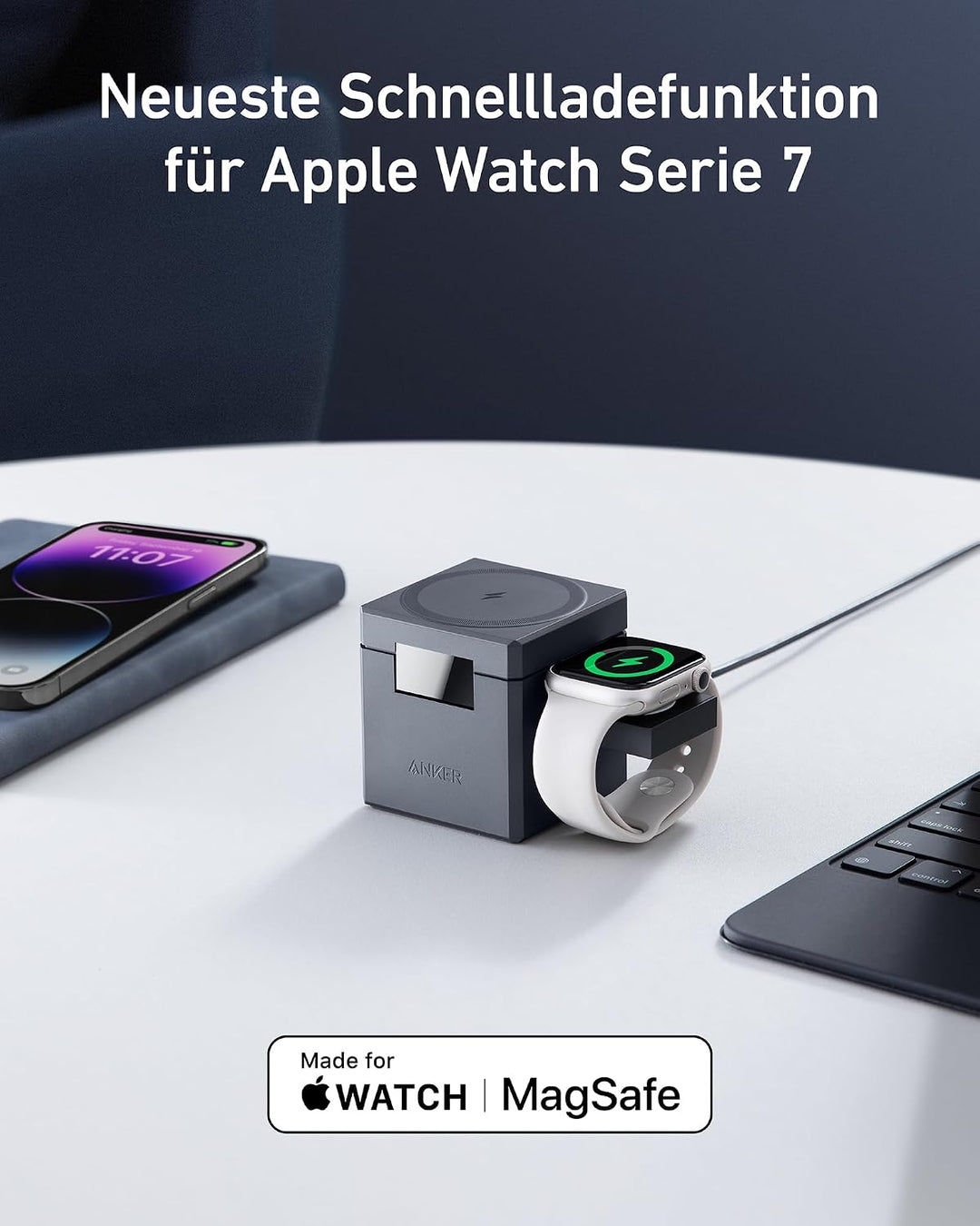 Anker 3-in-1 Cube mit MagSafe Ladestation, 15W Wireless iPhone Charger, Induktive Ladestation für Ap