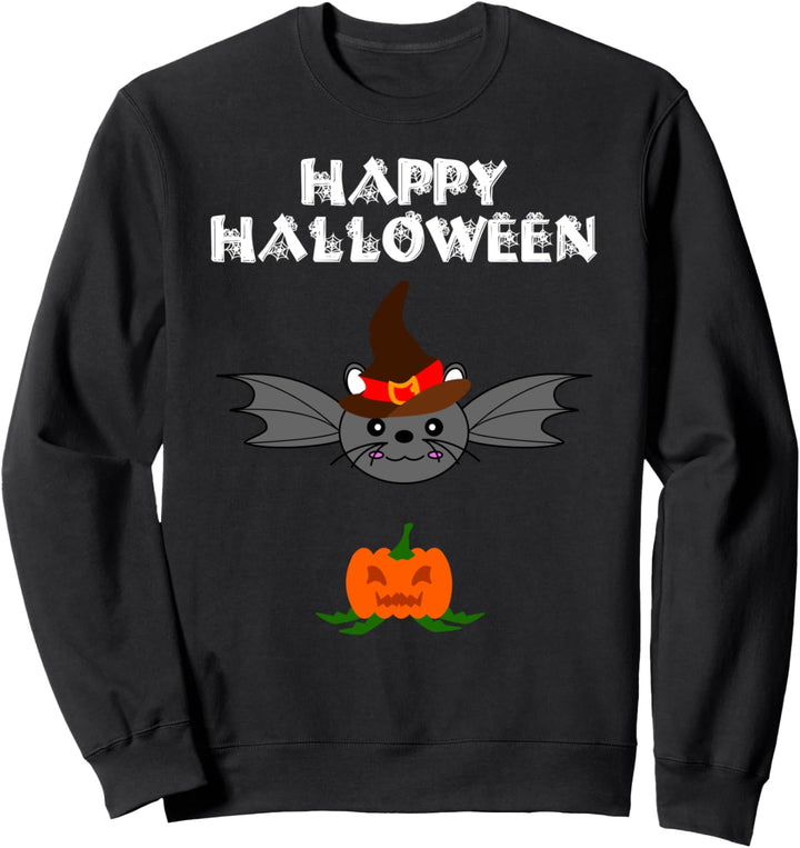 Glückliche Halloween-Fledermaus mit Hut über einem Kürbis Sweatshirt