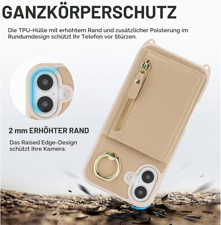 ELTEKER Handyhülle für iPhone 17 Hülle mit Band, Kartenfach Ringhalterung Reissverschluss Geldbörse,