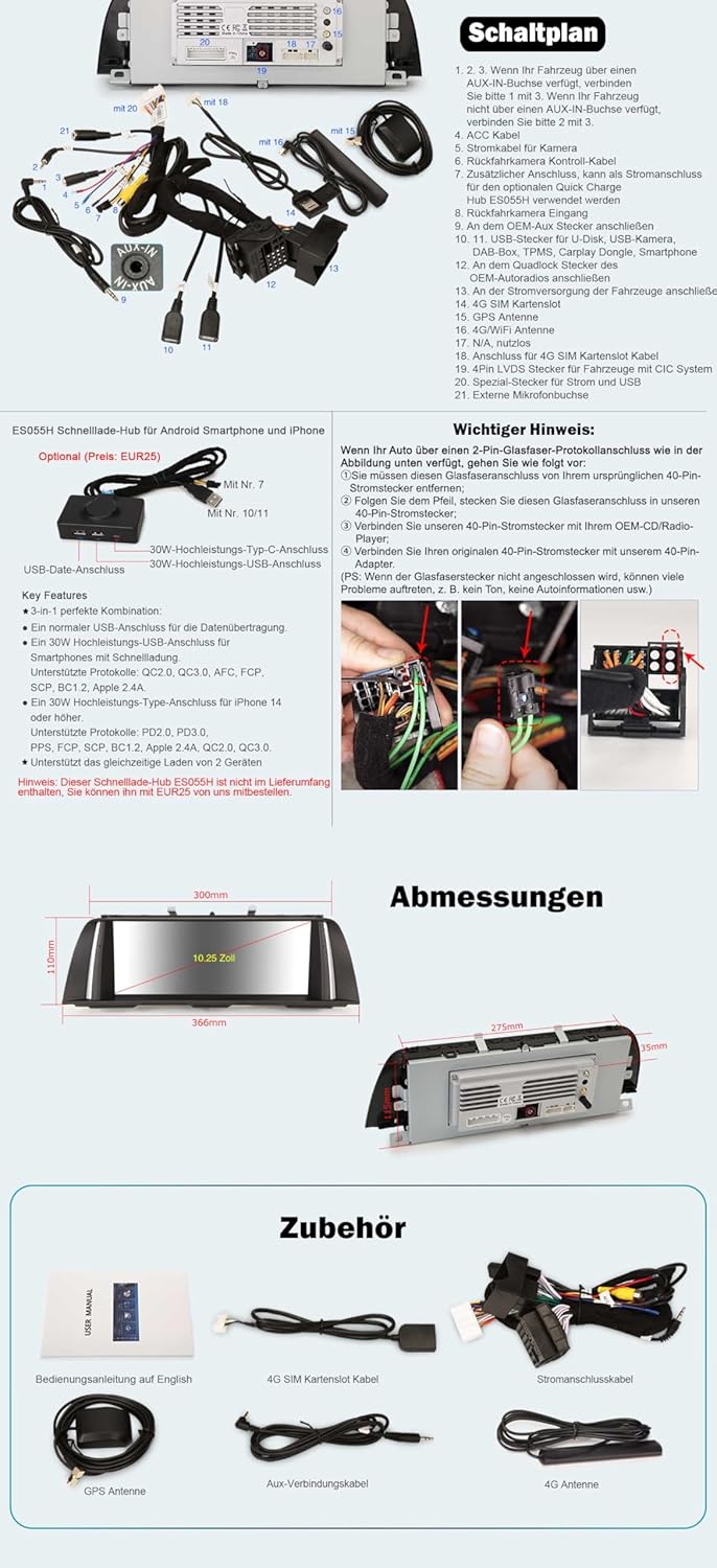 Erisin 10.25 Zoll Qualcomm 8-Kern 4GB+64GB Android 14 Autoradio Bluetooth GPS Navigation für BMW 5er