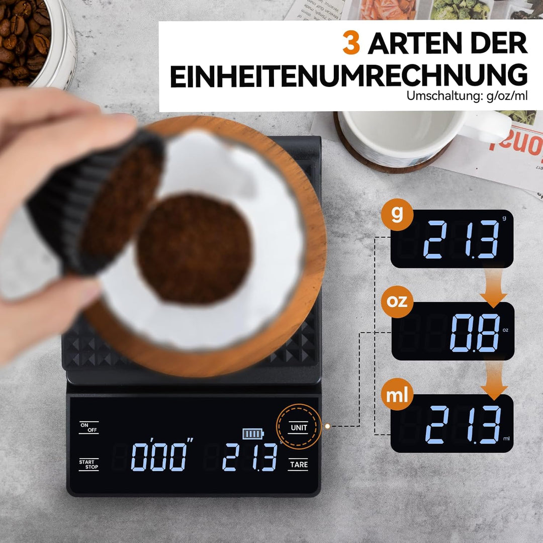 bemece USB Wiederaufladbare Digital kaffeewaage, Kaffeewaage mit Timer, Multifunktionale Küchenwaage