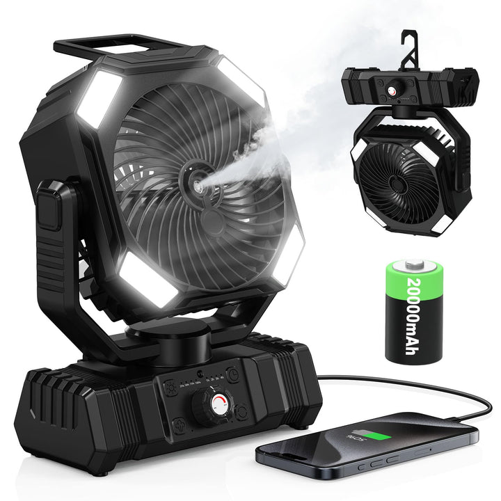 Richday Camping Ventilator mit Wasserkühlung, 20000mAh Akku, 300ml Wassertank, 2 Nebelmodi, 270° dre