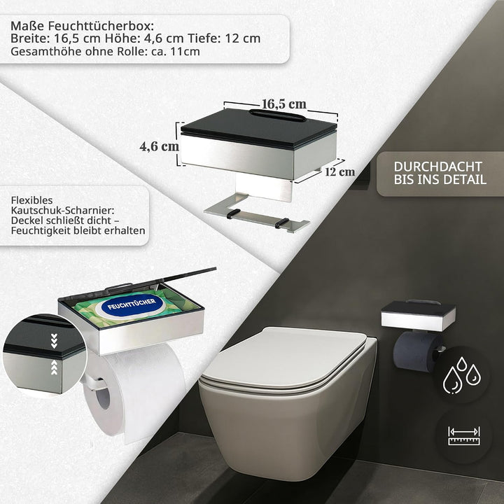 Toilettenpapierhalter mit Feuchttücherbox - Gehäuse Matt &amp; Abdeckung Glas Schwarz - befüllbar von Re